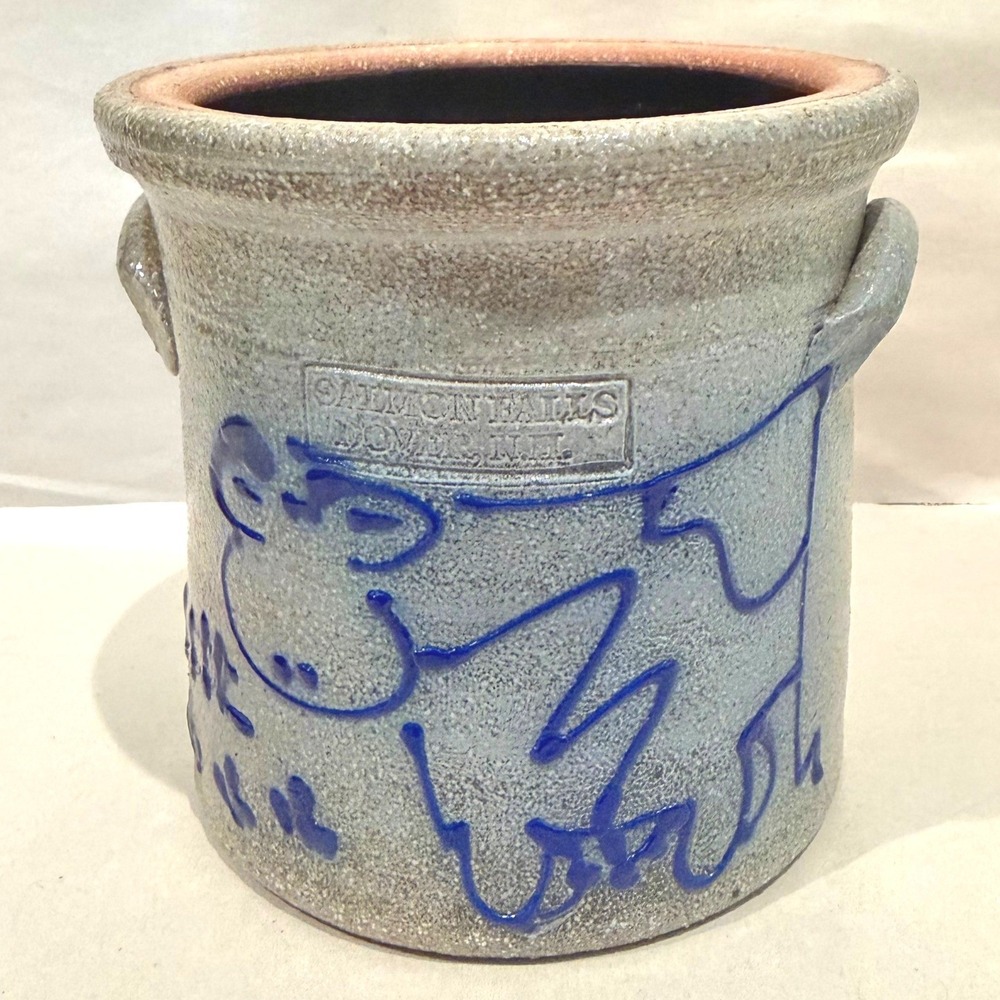 Early Salmon Falls Stoneware Crock Blue Cow Motif Dover NH Stamped No Date